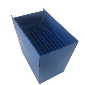 Open blue corrugated plastic box with parallel divider compartments installed inside.