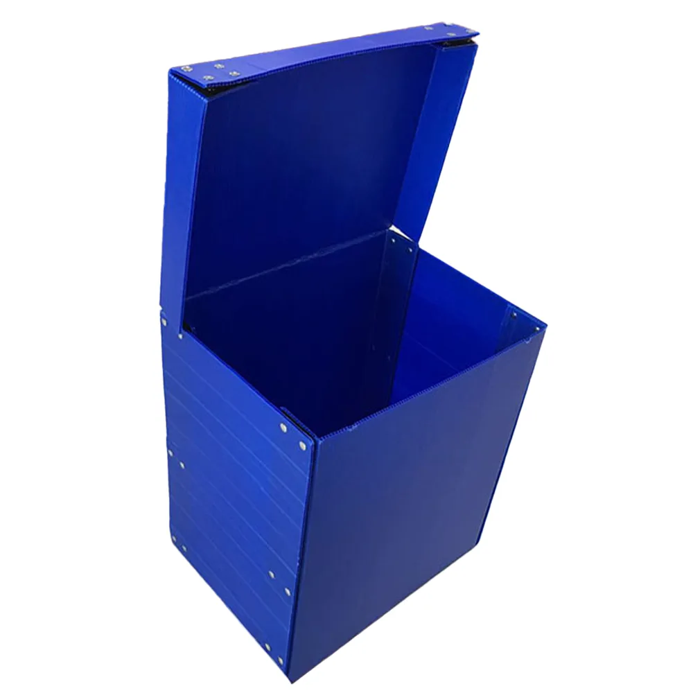 Open blue fixed corrugated plastic box with a raised lid and visible side fasteners.